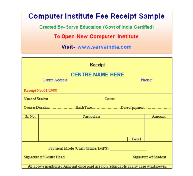 Free Course Fee Receipt, invoice, bill sample for training institute centre with tips