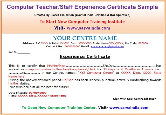 Job Experience Certificate Sample format for Institute Employee Staff Teacher Faculty with design tips