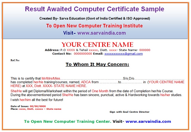 Result Awaited Certificate sample format for training institute with tips