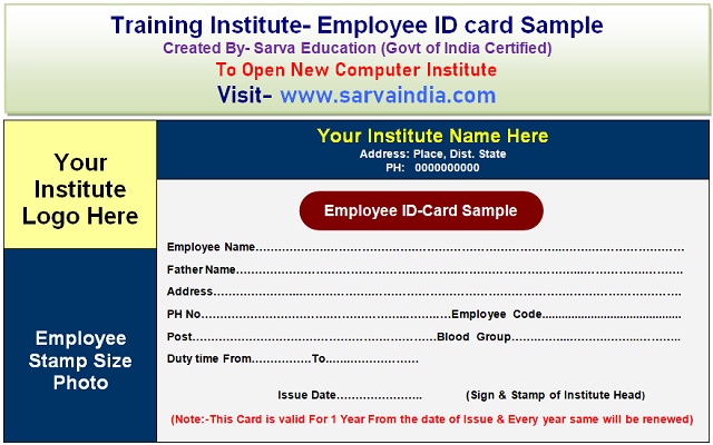 Download Free employee Staff Identification ID Card Format Template for Training institute centre with tips